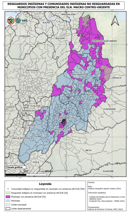 MACRO CENTRO ORIENTE - RESGUARDOS Y COMUNIDADES INDÍGENAS NO RESGUARDADES EN MUNICIPIOS CON PRESENCIA DEL ELN