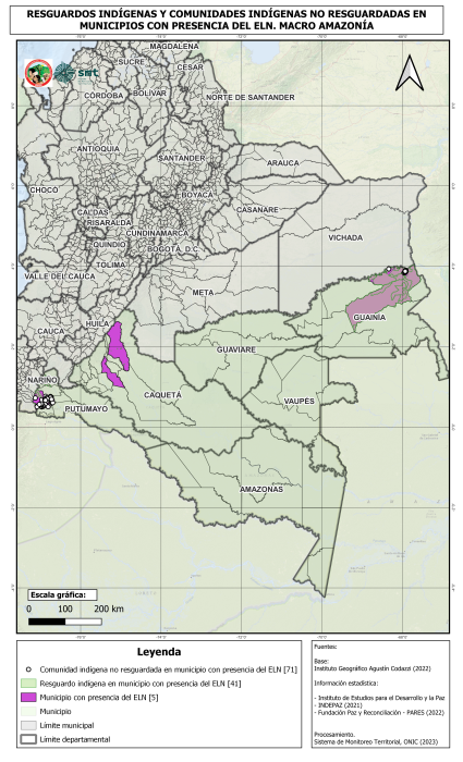 MACRO AMAZONÍA - RESGUARDOS Y COMUNIDADES INDÍGENAS NO RESGUARDADES EN MUNICIPIOS CON PRESENCIA DEL ELN