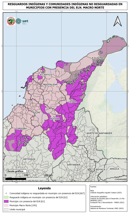 MACRO NORTE - RESGUARDOS Y COMUNIDADES INDÍGENAS NO RESGUARDADES EN MUNICIPIOS CON PRESENCIA DEL ELN